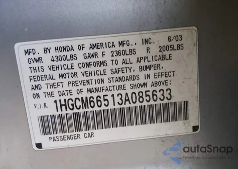 2003 Honda Accord 3.0 Ex из США, поврежденный, VIN 1HGCM66513A085633